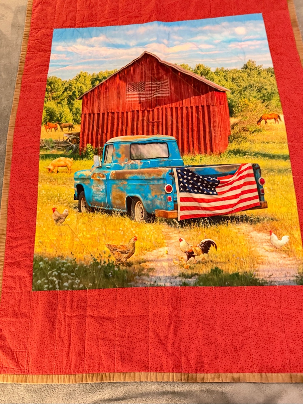 Rustic Farmhouse Quilt Panel with Vintage Blue Truck and Barn